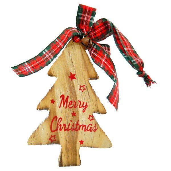 Χριστουγεννιάτικo Ξύλινo Δεντράκι με "Merry Christmas" και Καρό Φιόγκο (25cm)